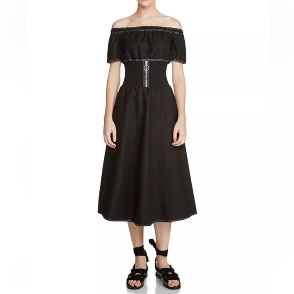 Maje Relera Off the Shoulder Cotton Blend Shirred Midi Dress